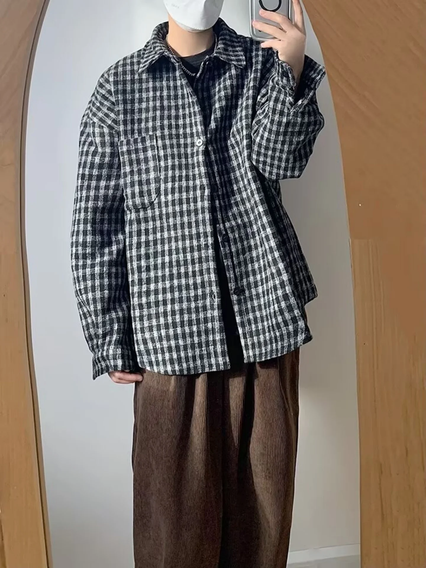 Vintage Plaid Brushed Shirt Men's Loose Fit Long Sleeve Casual Style Sun Protection Chinese Production Regular Length