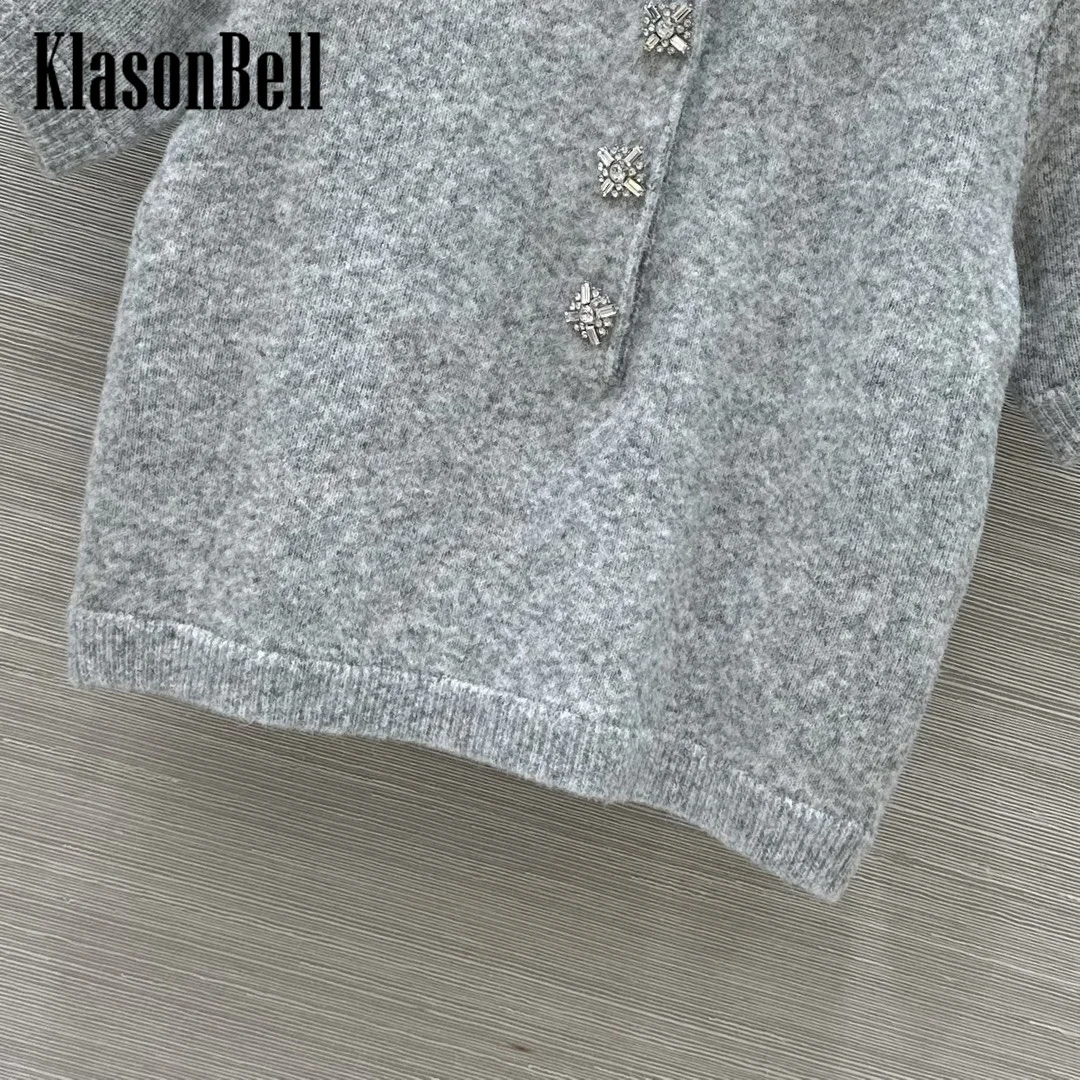 9.2 KlasonBell Women\'s Fashion Crystal Lapel Short Sleeve Knitwear Diamonds Button Decoration Temperament Sweet Style Sweater