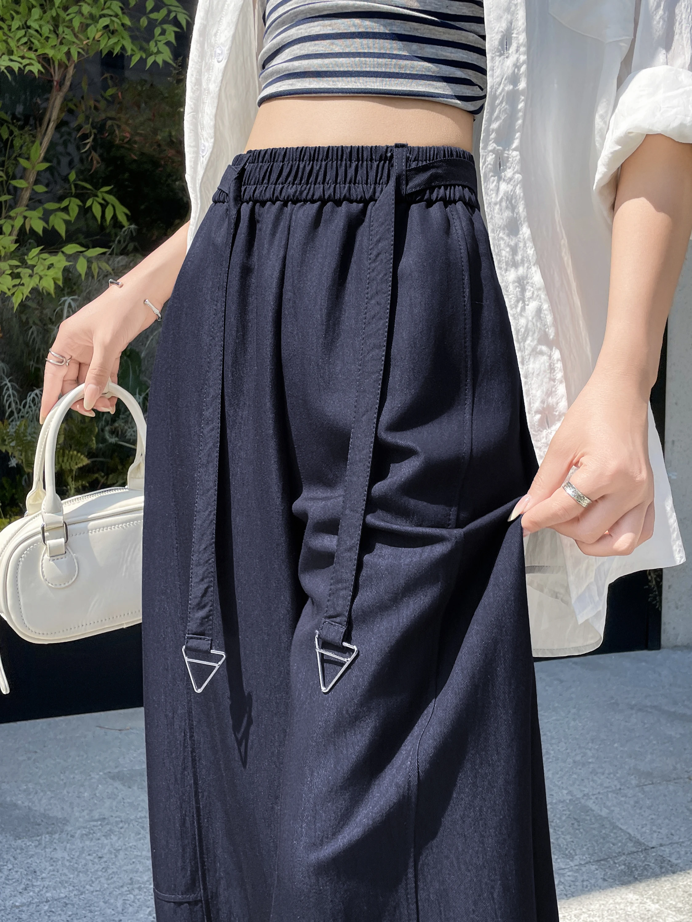 

Summer Thin Elastic Waist Wide Leg Pants Women's Casual Loose Long Trousers Draping Sense Silk Knife Bend Casual Pants
