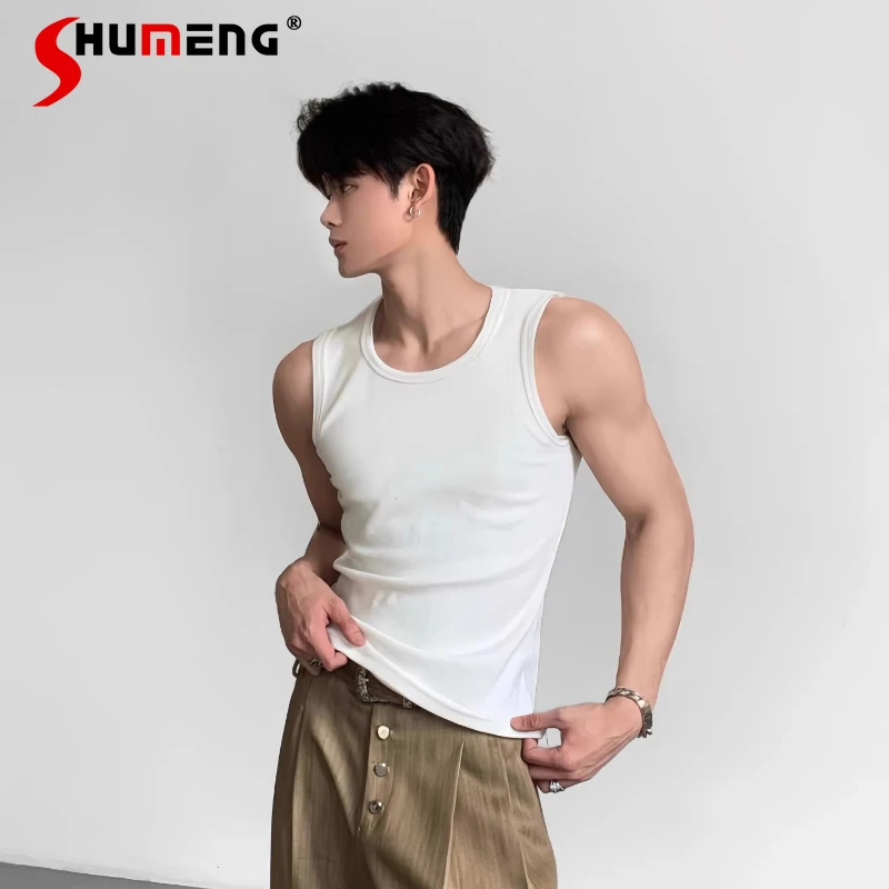 

2026 Men's Summer New Fashion High Street Tank Tops Simple Comfort Slim Sleeveless Vests Men's Breathable Sports Fitness Vests