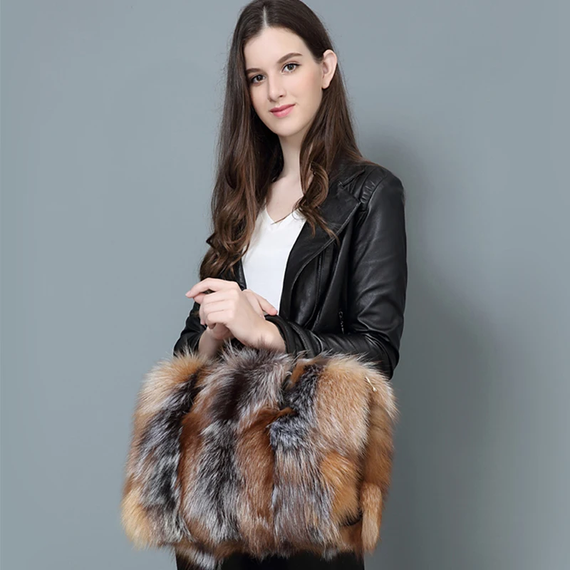Real Fox Fur Large Size Bag Plush Ladies Crossbody Bags Designer Luxury Handbags Fluffy Tote Bag Women's Furry High End Big Bag