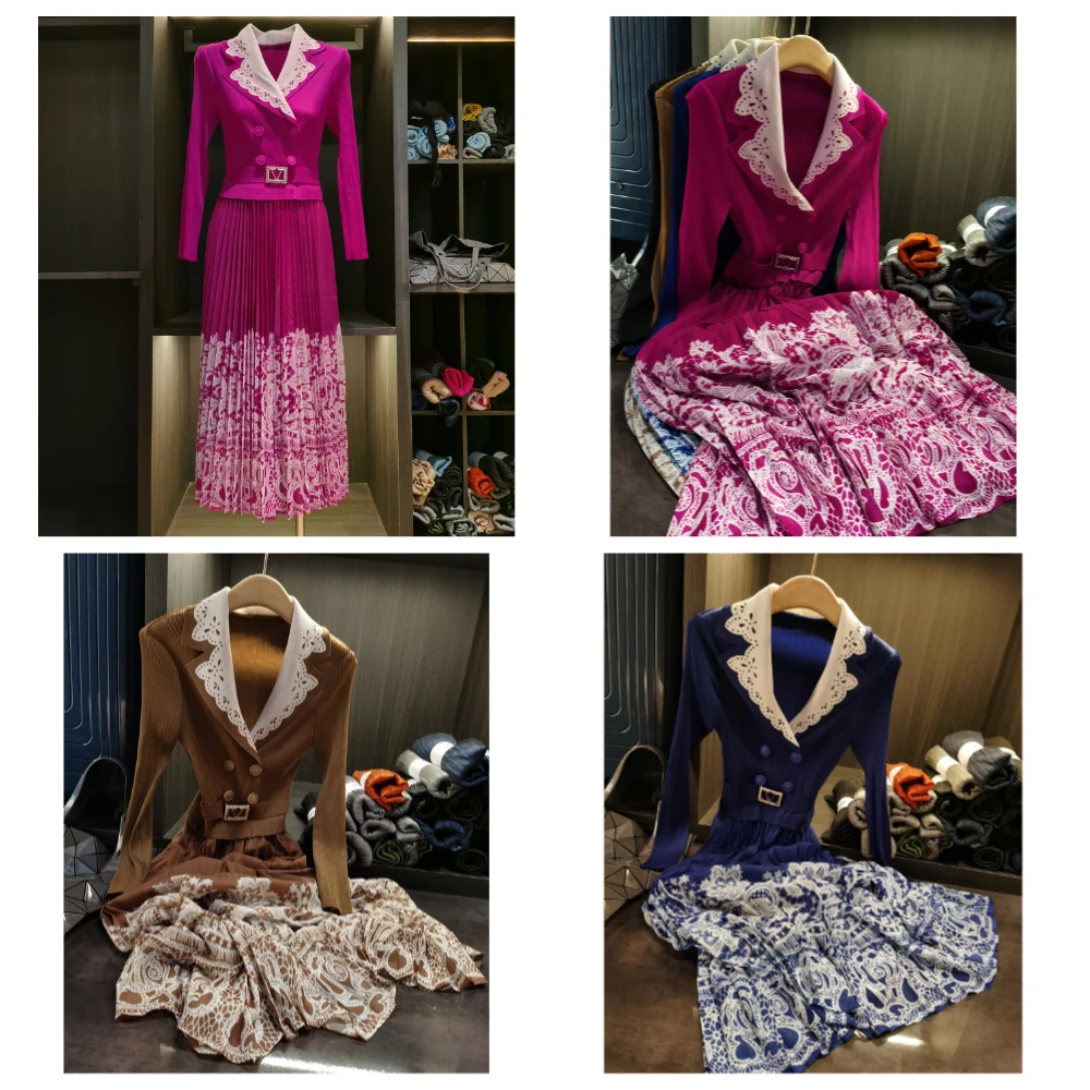 

Miyake Pleated 2025 Suit Collar Contrasting Color Print Pleated Fake Two-piece Spliced Dress Elegant Waist Cinched Pleated Skirt