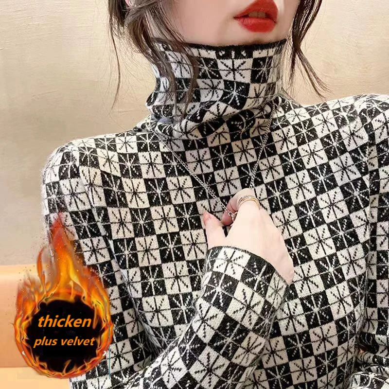 New Year Vintage Printed T-shirts Women Elegant Turtleneck Autumn Ladies Popular Soft Leisure Chic Top Slim Warm Pullovers Femme