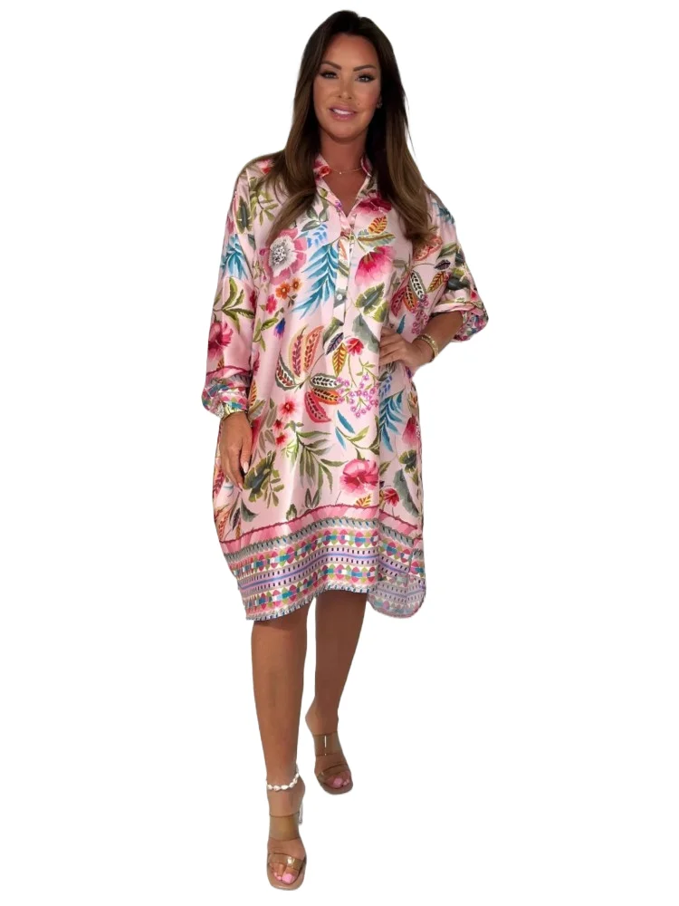 

Fashion Floral Print Dress Lady Casual Long Sleeve V Neck Button Pullover Loose Dresses For Women Holiday Boho Skirts Summer New