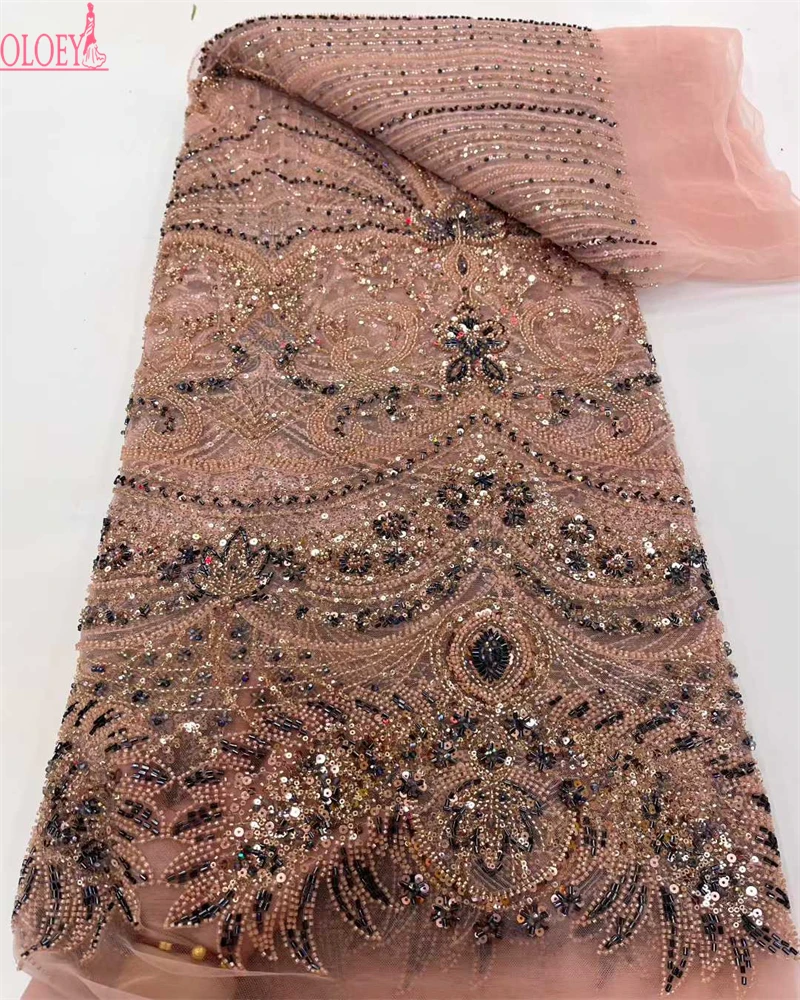 OLOEYUltimo tessuto di pizzo africano con paillettes Tessuto di maglia con perline ricamate in pizzo di alta qualità 5 metri per le donne Festa di nozze Dre
