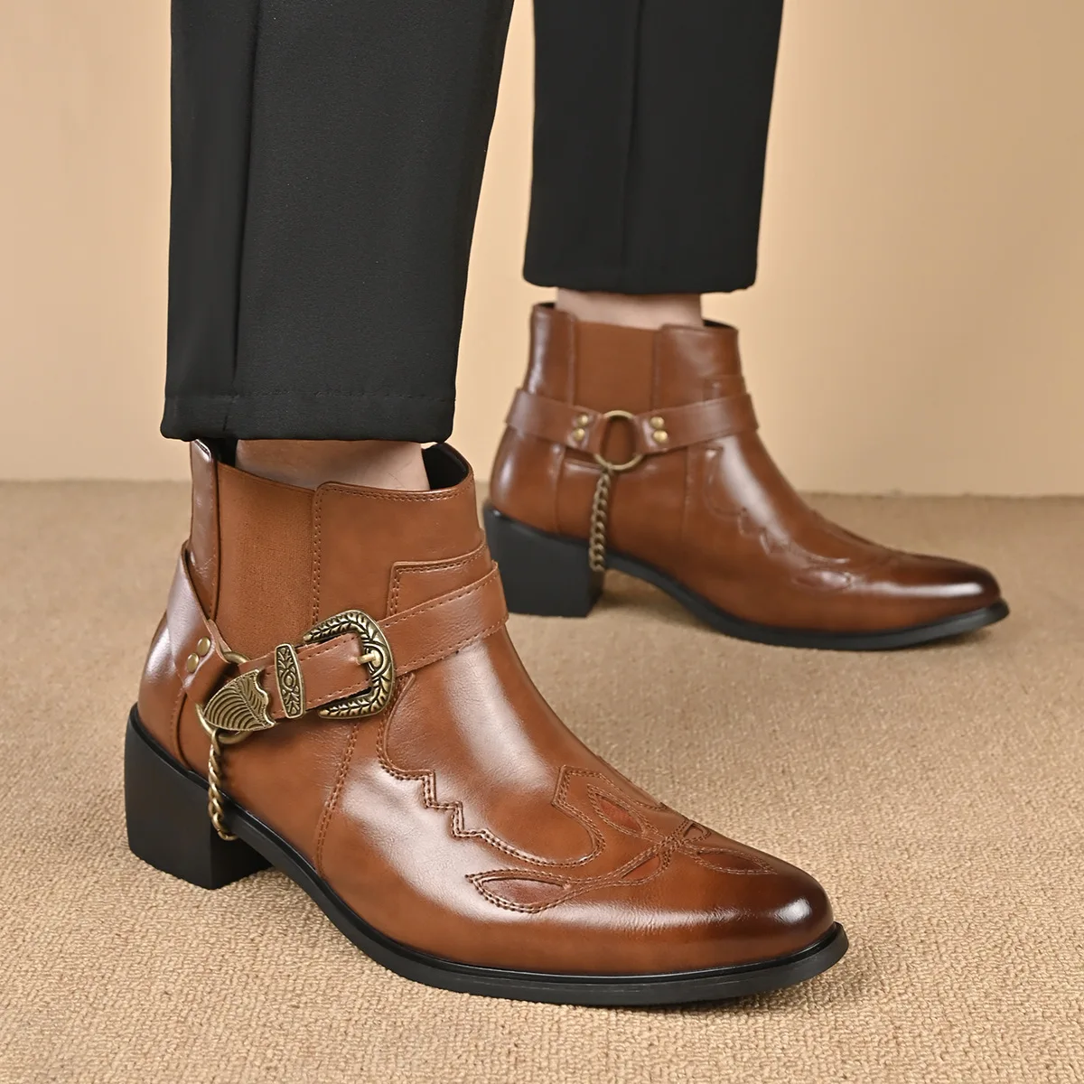Fashion 2026 Men\'s Vintage Cowboy Boots Leather High Top Chain Buckle Strap Punk Shoes Pointed Toe Biker Ankle Boots for Men