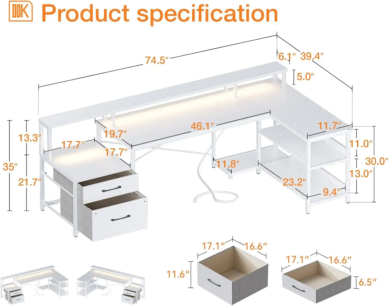 HongK-Bureau d'ordinateur en forme de L avec fichier MEL, bureau de bureau à domicile réversible, prise de courant, bande LED, 75 po