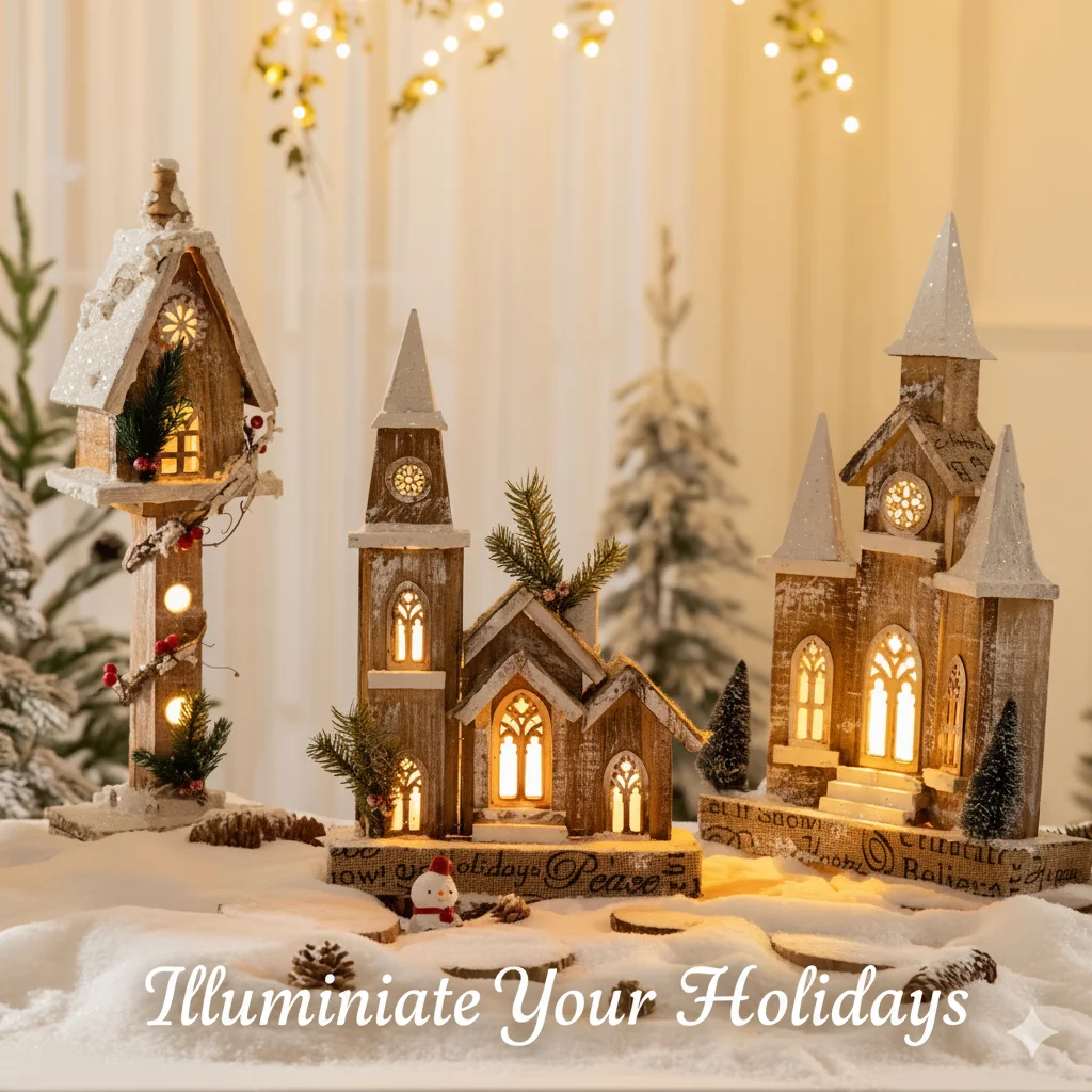 European Style Wooden Christmas Cottage LED Light House Retro Warm Glow Decoration for Tabletop Holiday Home Display Gift Use
