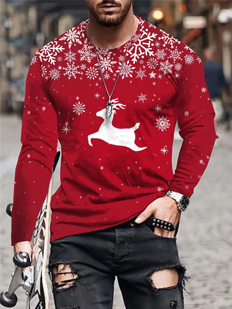 Autumn Winter Christmas Style Men\'s Long Sleeve T-Shirts Snowflake And Deer 3D Print Male Red Tees Festival Casual Big Size Tops