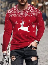 Autumn Winter Christmas Style Men's Long Sleeve T-Shirts Snowflake And Deer 3D Print Male Red Tees Festival Casual Big Size Tops