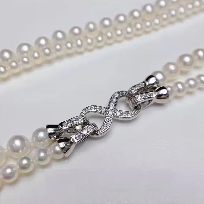 

Long Natural Aaa+ Akoya 6-7mm 8-9mm White Round Double Strands 2 Rows Two Natural Pearl Necklace 925