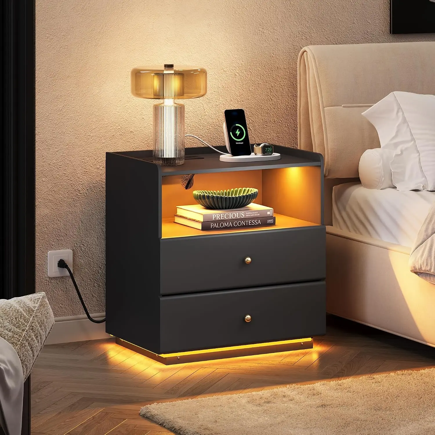 23-Inch Wide Black Nightstand with Smart LED and Charging Station