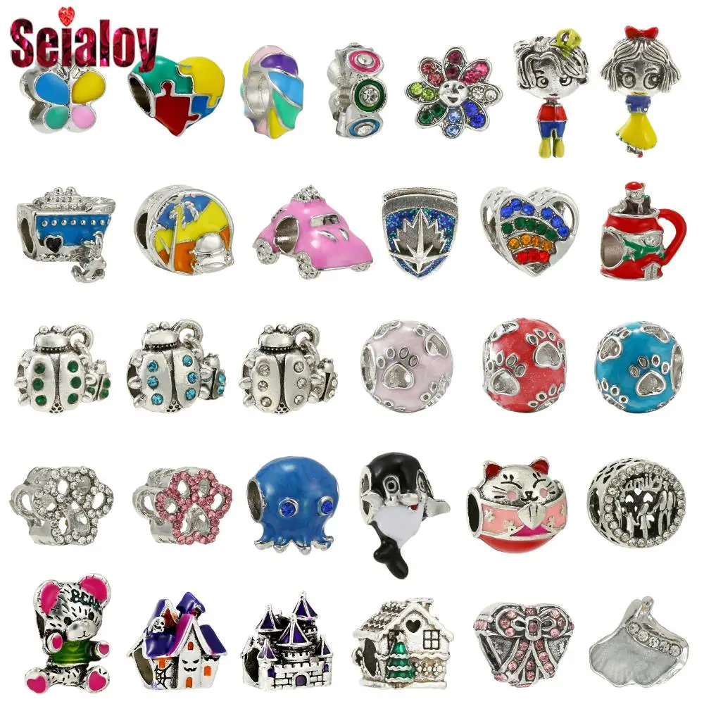 Seialoy 2Pcs Silver Color Alloy Big Hole Beaded Rainbow Enamel Heart animal Charm Fits DIY Charm Bracelets Accessory