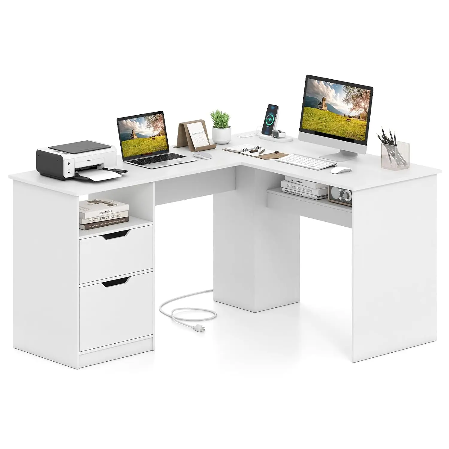 L-Shaped Executive Desk w/Power Outlets, Home Office Computer Workstation 59