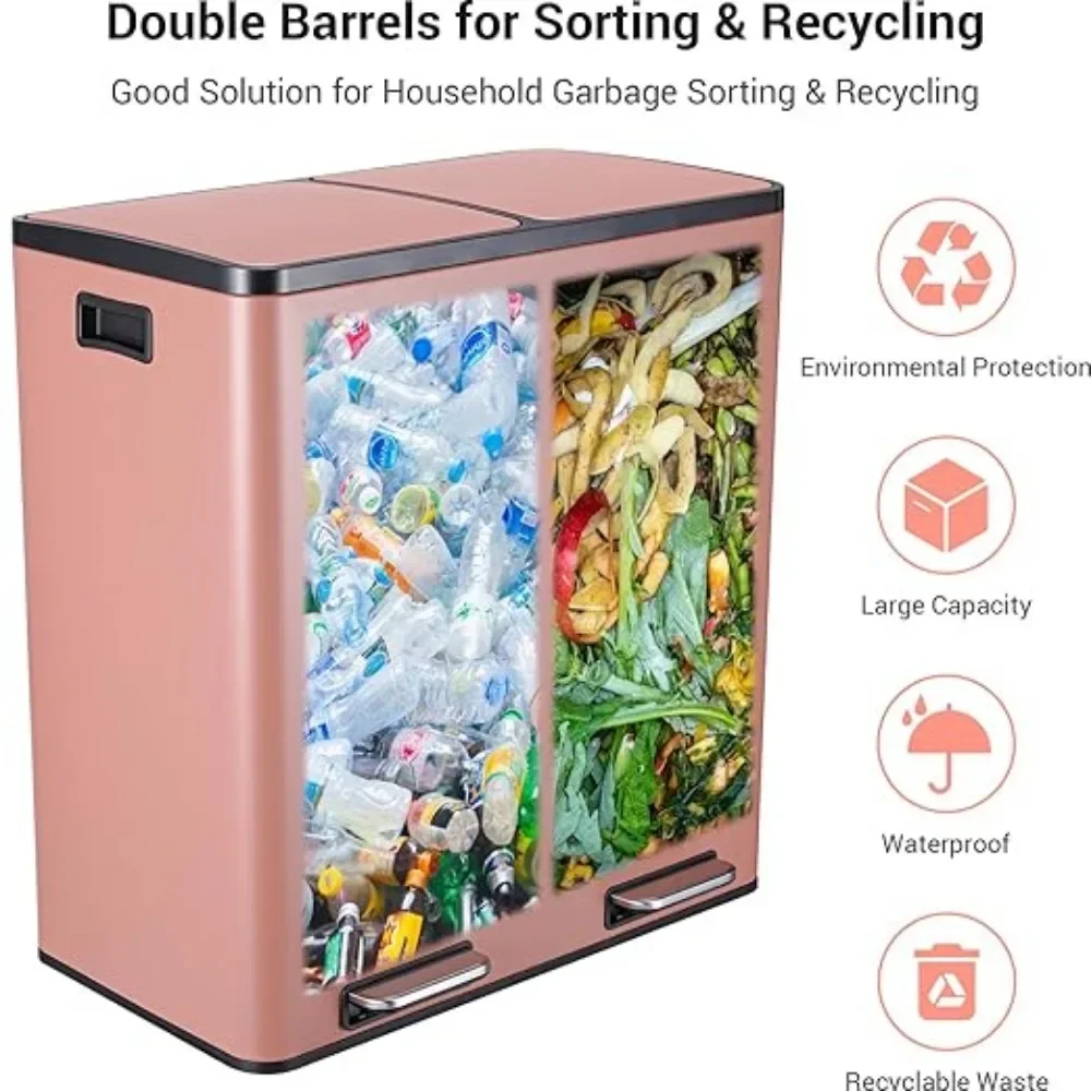 Dual Trash Can, Kitchen Garbage Can Compartment Classified Rubbish Bin, Recycle Dustbin W/Plastic Inner Buckets, Trash Can