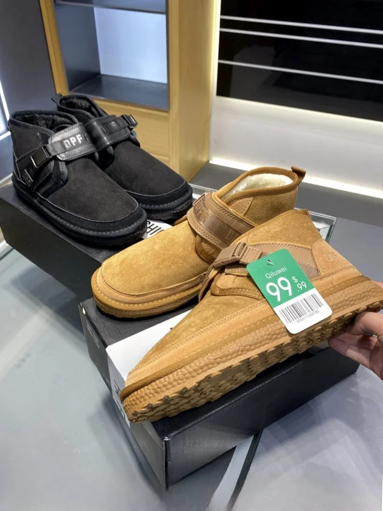 

Thickened Faux Leather Integrated Fleece Winter Boots Men's Snow Boots Warm Shoes Casual Short Tube Rubber Sole Boots
