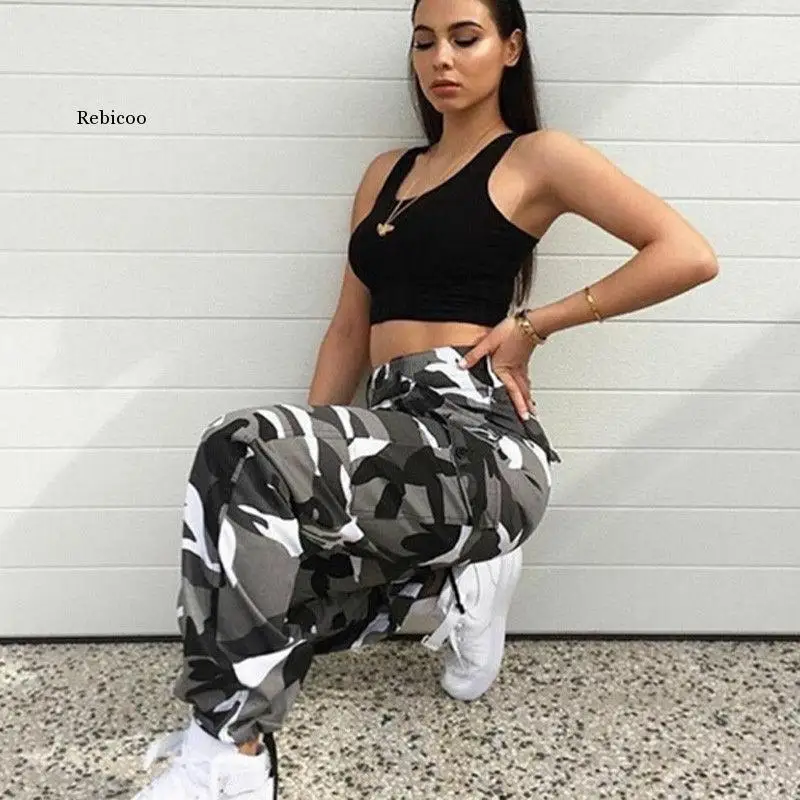 

New Women Camo Cargo High Waist Hip Hop Trousers Pants Military Army Combat Camouflage Long Pants Hot Capris