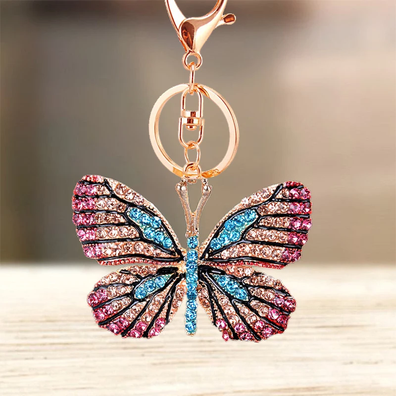 Cute Rhinestone Crystal Colorful Butterfly Keychain Animal Insect Big Wings Butterfly Key Chain Key Ring Holder Pendant Keyring