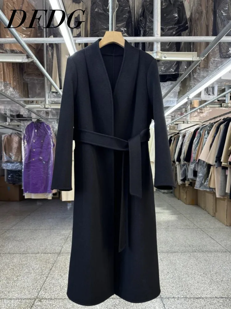 معطف نسائي من قماش الكشمير باللون الأسود على الوجهين من DFDG مع ياقة كتف مستقيمة طويلة 2025 معطف صوفي جديد ضيق برباط في مكان العمل #1