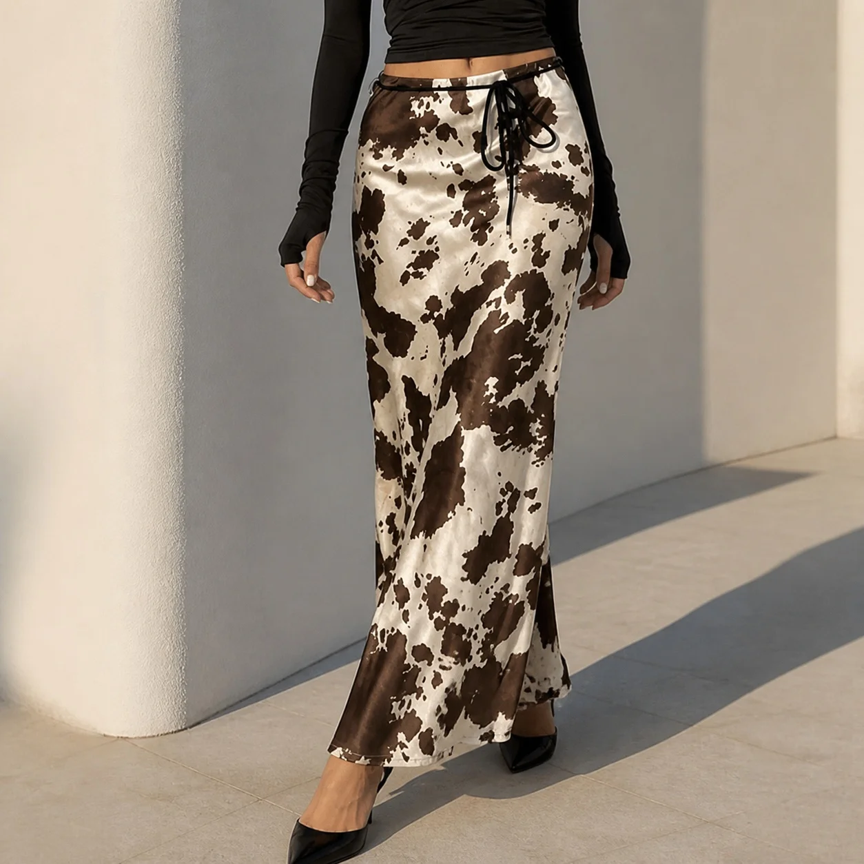 Women's A Line Midi Satin Printed Ruffle Skirt for Women Cheap Clothing Free Shipping Female Clothing Women's Clothes for Woman