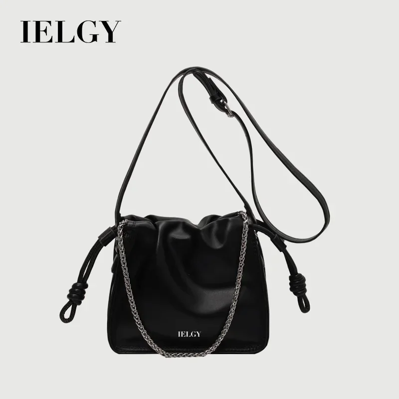 IELGY Black Pleated Chain Shoulder Crossbody Bag For Women