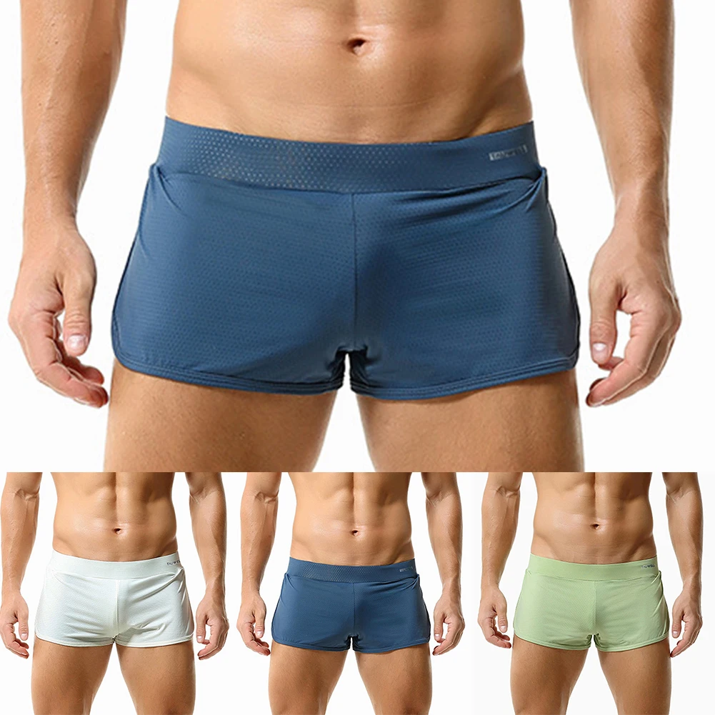 Sexy Men Boxers Silky Mesh Trunks Side Split Shorts Pajamas Elasticity Belt Bottom Underwear Solid Loose Breath Sleepwear