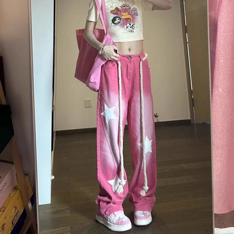 

Star Print Fashion Pink Jeans Women Autumn with Belt Loose Wide Leg Trousers Woman High Waisted Straight Denim Pants Streetwear