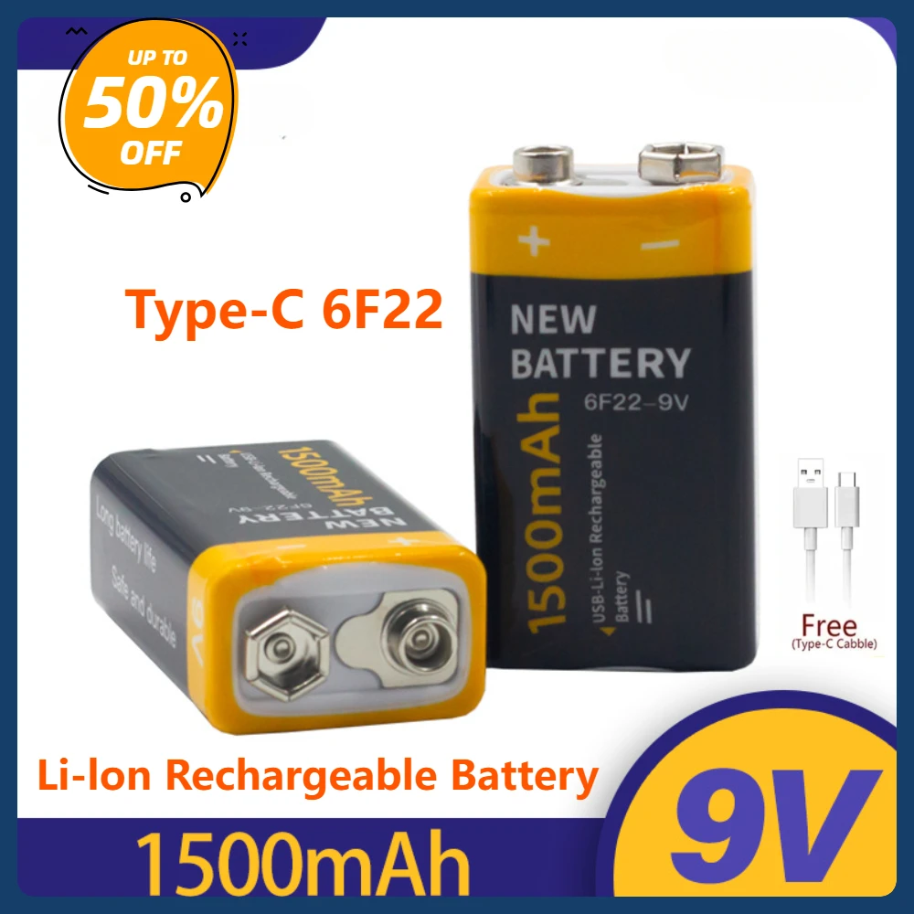 

6F22 1500mAh 9V Rechargeable Battery Type-C Li-ion Battery for RC Helicopter, Multimeter ,Toy Microphone, Intercom, Massager