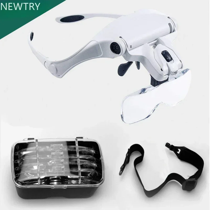 New Dental Examination Equipment White Head-mounted Magnifier Five Magnification Lenses Double LED Helmet Magnifier Dentist Tool