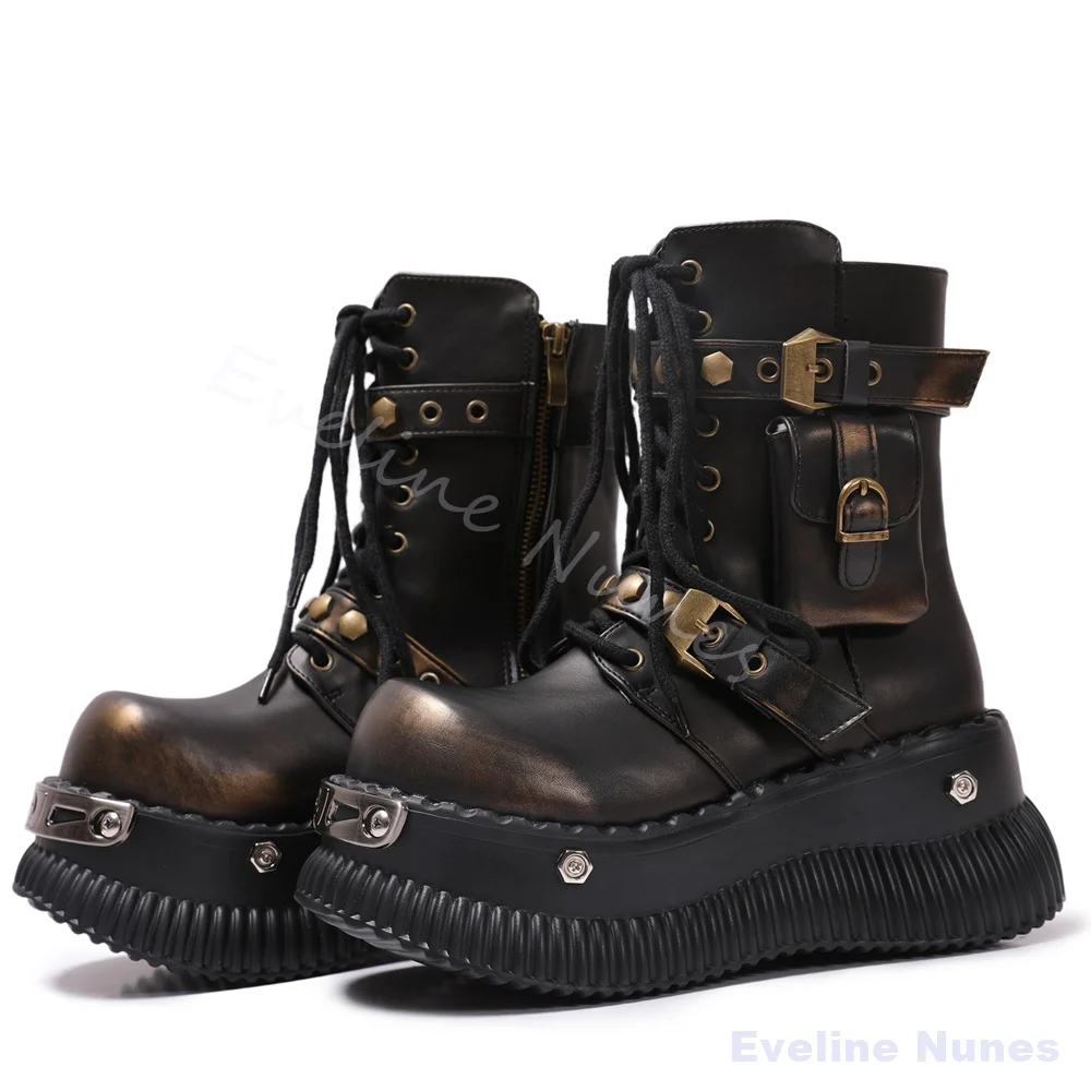 Gothic Punk Women Chunky Platform Boots Antique Bronze Mini Pocket Metal Buckle Rivet Short Boots Side Zipper Cos Ankle Boots