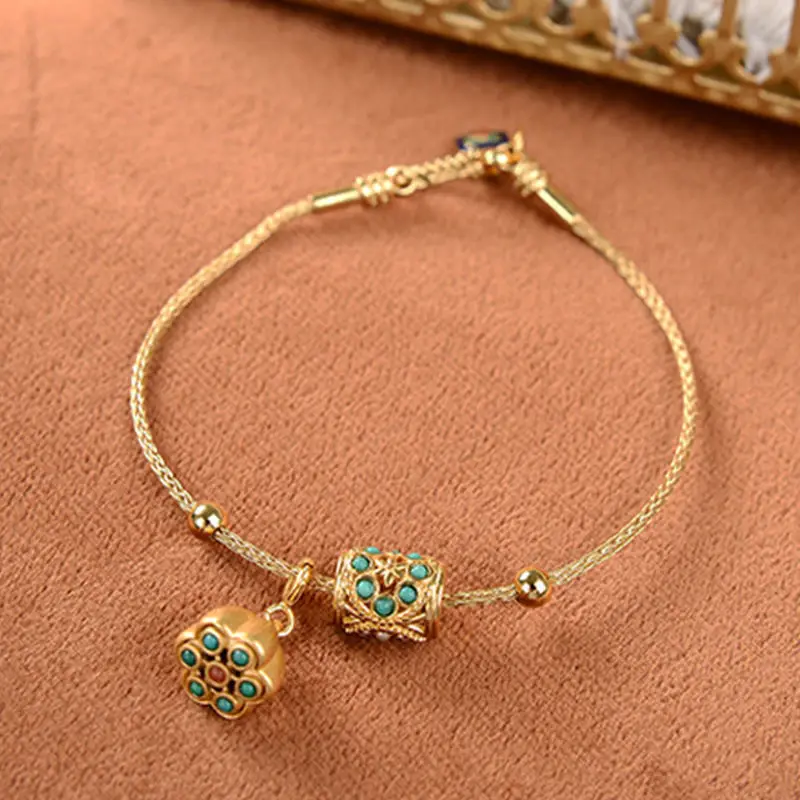 Ancient gold craftsmanship inlaid turquoise lotus with adjustable bracelet temperament retro palace ancient ladies jewelry