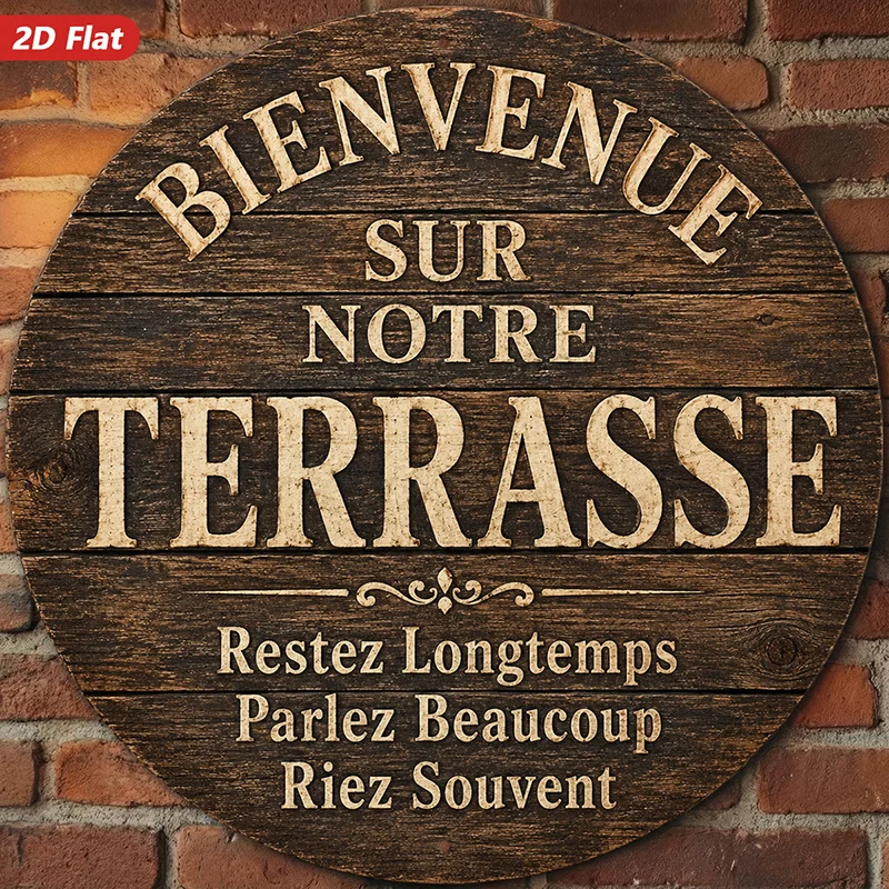 2D Flat, 1pc Round Metal Sign Wall Art, Home Decor, Wooden Decorative Sign, French - Inspired Design, Rustic Style,