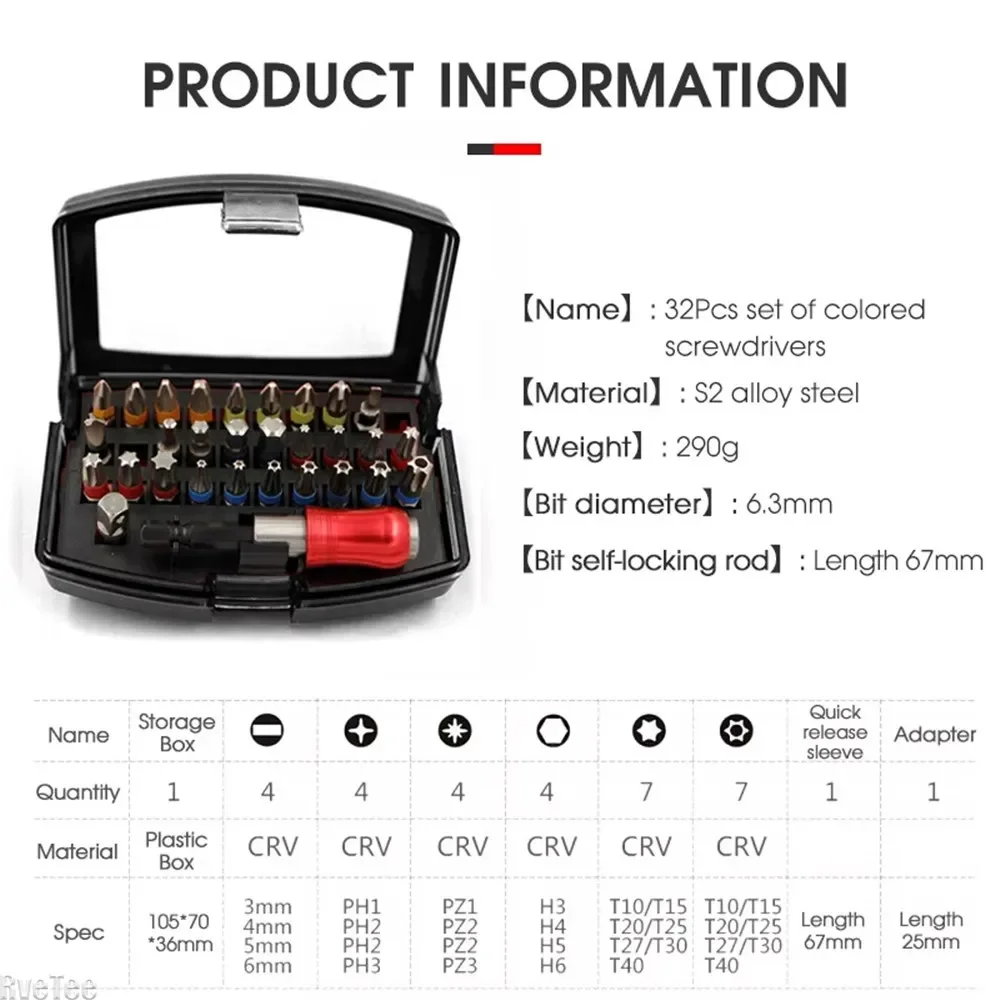 32Pcs Electric Screwdriver Bits Set S2 Torx Bits Socket Quick Release Connector Complete Tool Kits Home-appliance Repair Tools