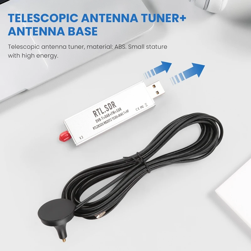 RTL-SDR R820T2 V3 RTL2832U Sintonizador + Sintonizador de antena telescópica + Kits de acessórios de base de antena