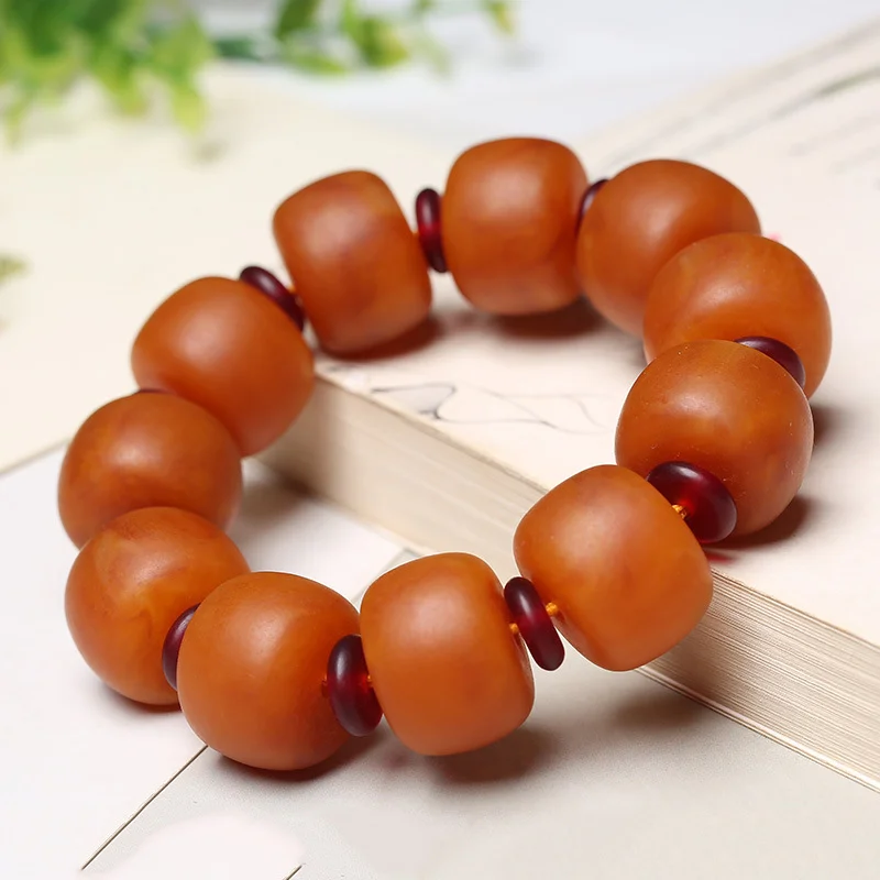 Old Honey Wax Hand String Original Stone Amber Red Skin Chicken Oil Yellow Barrel Bead Men's Bracelet