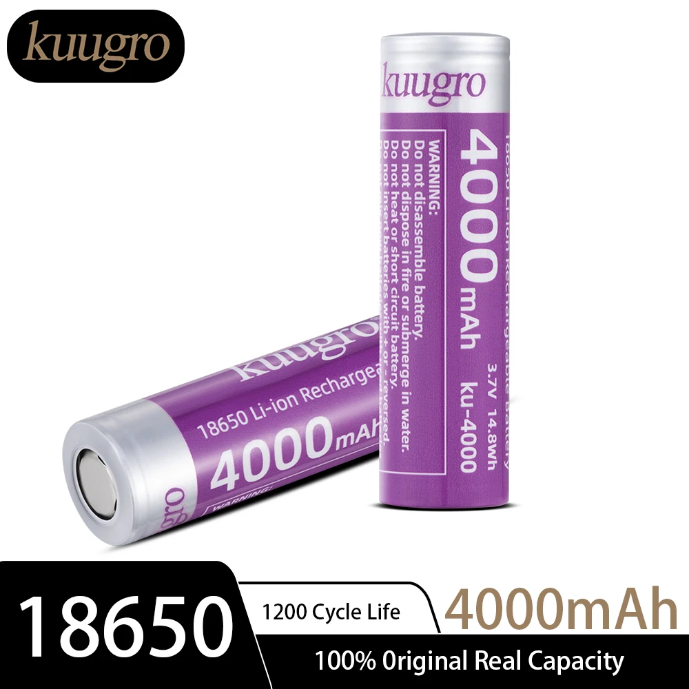 Kuugro Ku-4000 18650 Rechargeable Battery 4000mAh 3.7V 12A High Discharge Li-ion Battery For Flashlight, Electronic Devices