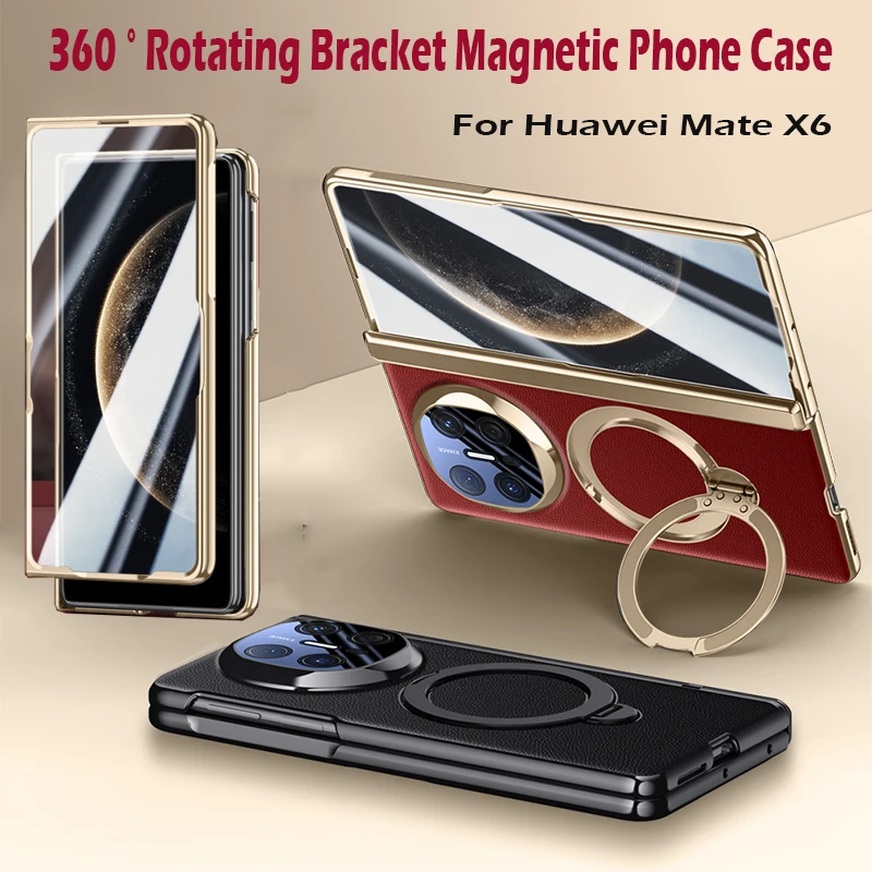 

360 ° Rotating Magnetic Holder Case For Huawei Mate X6 Magsafe Screen Protector Luxury PU Leather Middle Axis Shockproof Cover