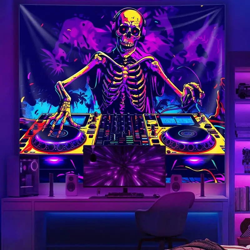 VIKAMA Neon DJ Skeleton Discs Cool Tapestry Background Hanging Cloth Electronic Music Esports Room Decoration