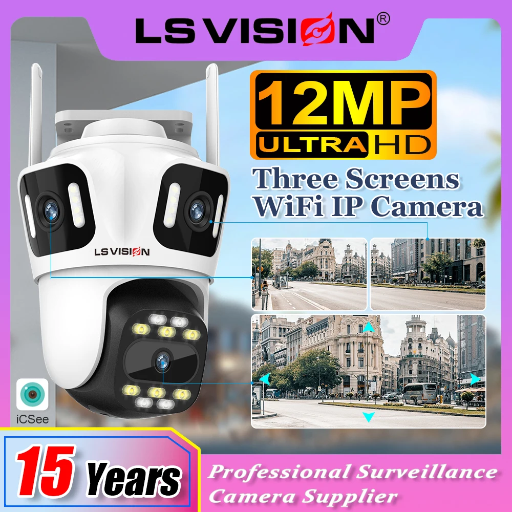 

LS VISION 12MP Three Screens WiFi IP Camera Outdoor 6K Cameras Auto Tracking Waterproof Video Surveillance CCTV Alexa iCSee App