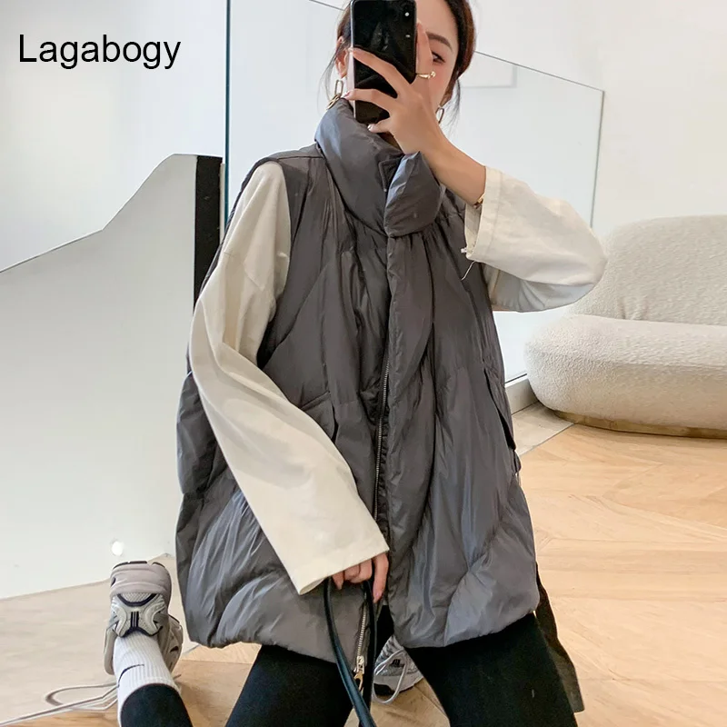 

Duck Lagabogy 2023 New White Winter Oversize Down Vest Women Coat Female Autumn Pocket Waistcoat Warm Puffer Jacket Sleeveless