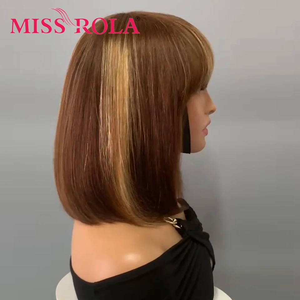 MISS ROLA Hair 10A Grade Brazilian Short Bob Human Hair Wigs Whole Machine Made Straight Bob Wig With Bangs Remy 180% Density