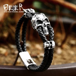 BEIER 2023 New Design Stainless Steel Skull Leather Bangle Punk Biker Men's Bracelet Multilayer Braided Leather Accessories