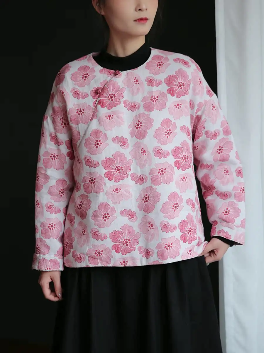 

Original Design Cotton Linen Women's Jaet Autumn Winter New Sle National Ethnic Print Cotton Clothes Loose Fit round Ne