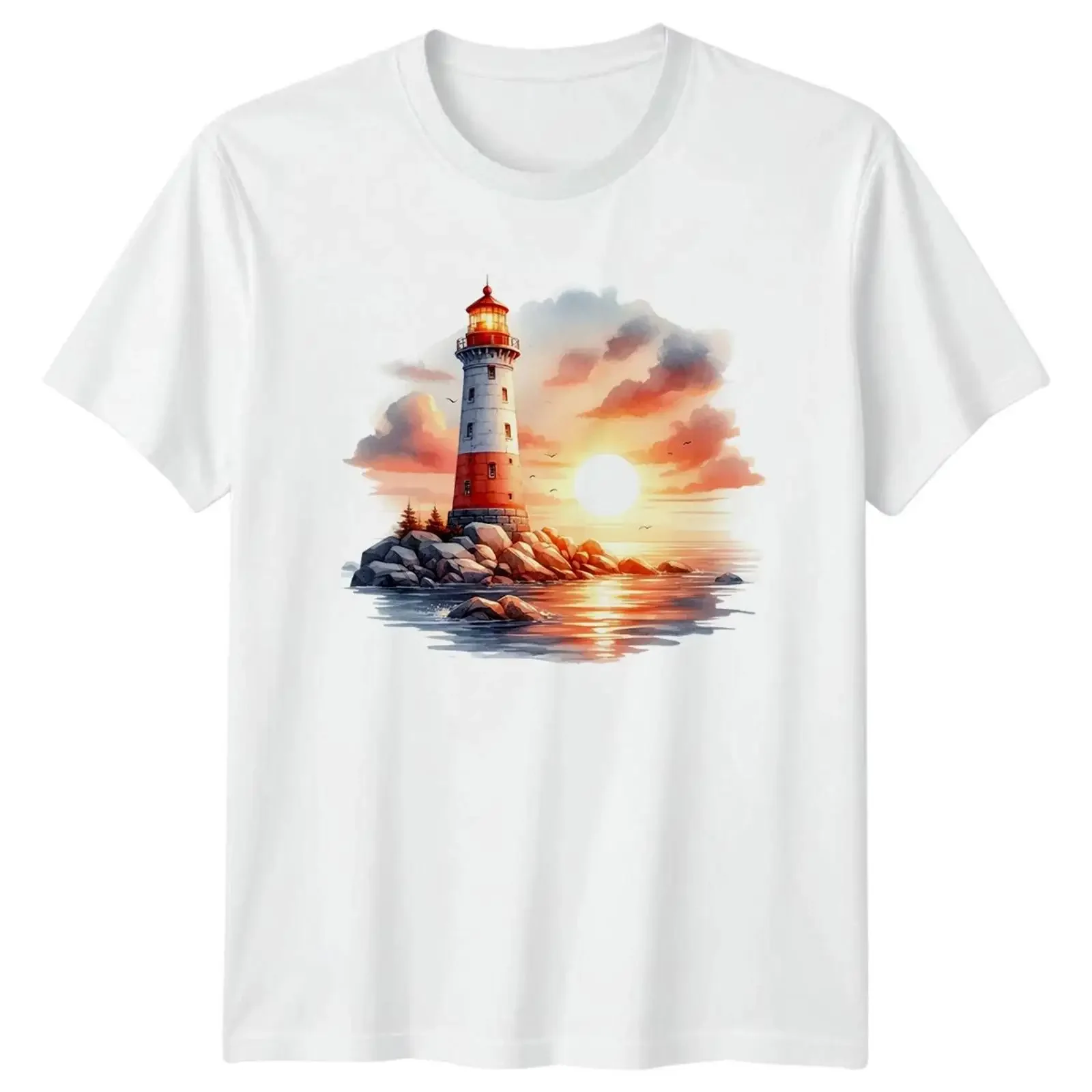 Lighthouse Sunset Landmarks Coastal Herren T Shirt Damen Grafik Top vintage Washed Top For Everyday Wear Stretched Unisex