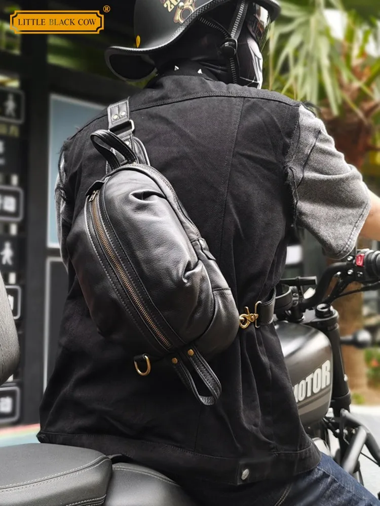 Mens Vintage Chest Bag Softshell Cowhide Genuine Leather Motorcycle Riding Crossbody Bags New Casual Outside Travel Shoulder Bag