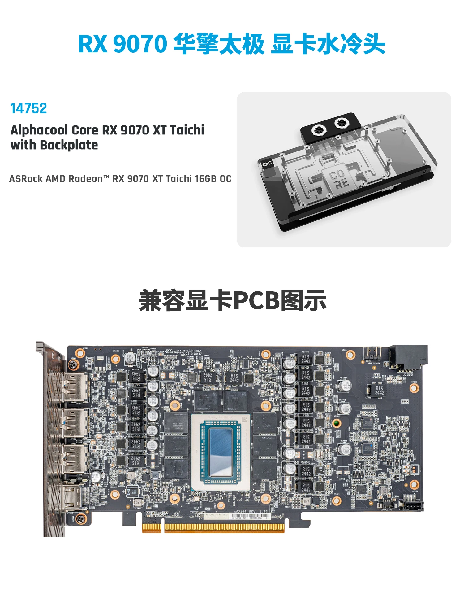 Alphacool Core GPU Water Block for ASRock AMD Radeon RX 9070 XT Taichi 16GB OC Card with Backplate - Cooling System