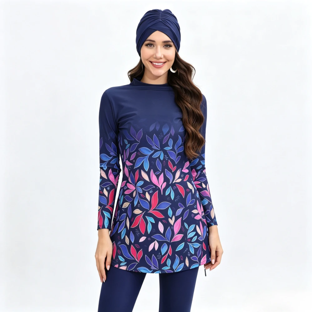 Colorful Leaf Print 3 Pcs Modest Burkini Swimwear Long Sleeve Tunic Top + Full Leggings Turban Hat UPF Muslim Beach Swimsuit Set