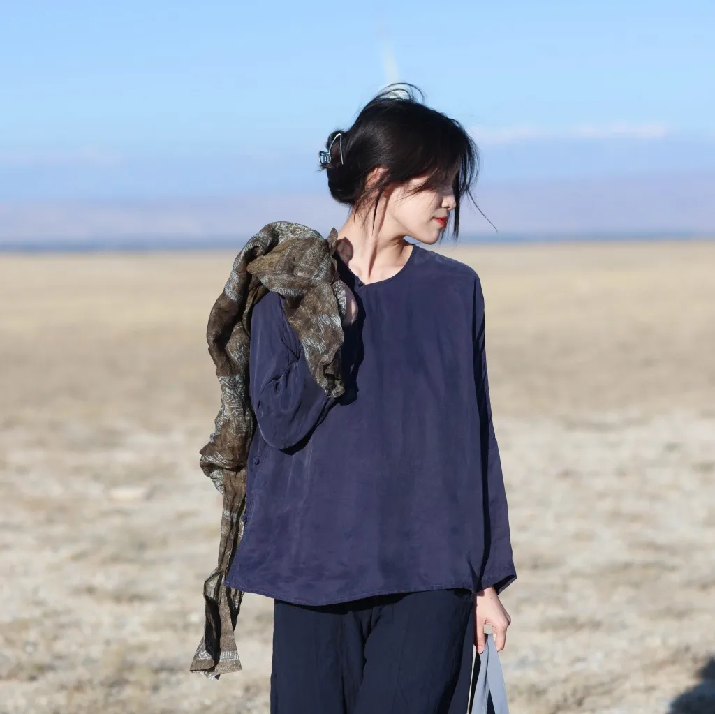 

Silky Copper Ammonia Silk Long Sve irt Comfortable Sensation Priy Small Flower Button Pure Color Commute Sle round ...