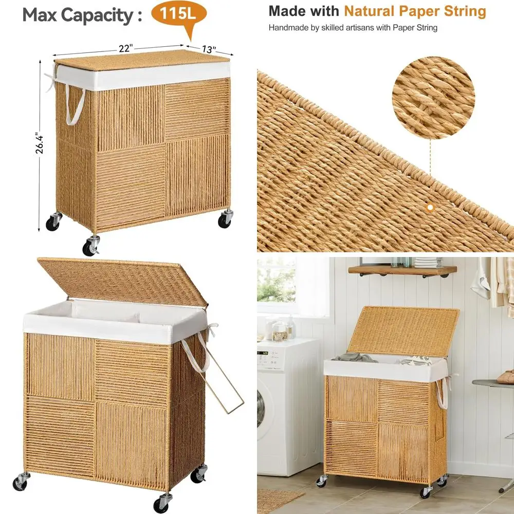

Large 115L Rolling Laundry Hamper with Lid and Removable Liner Bag for Natural Laundry Room Organization