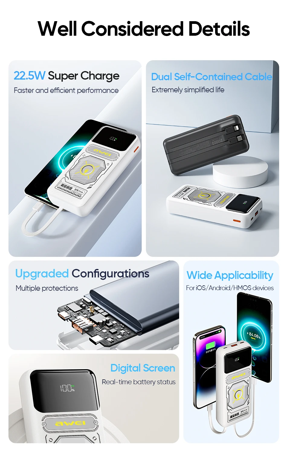 Awei P99K Portable Power Bank 20000mAh With 2 Cable PD 22.5W External Spare Battery Fast Charge Powerbank For IOS and Android